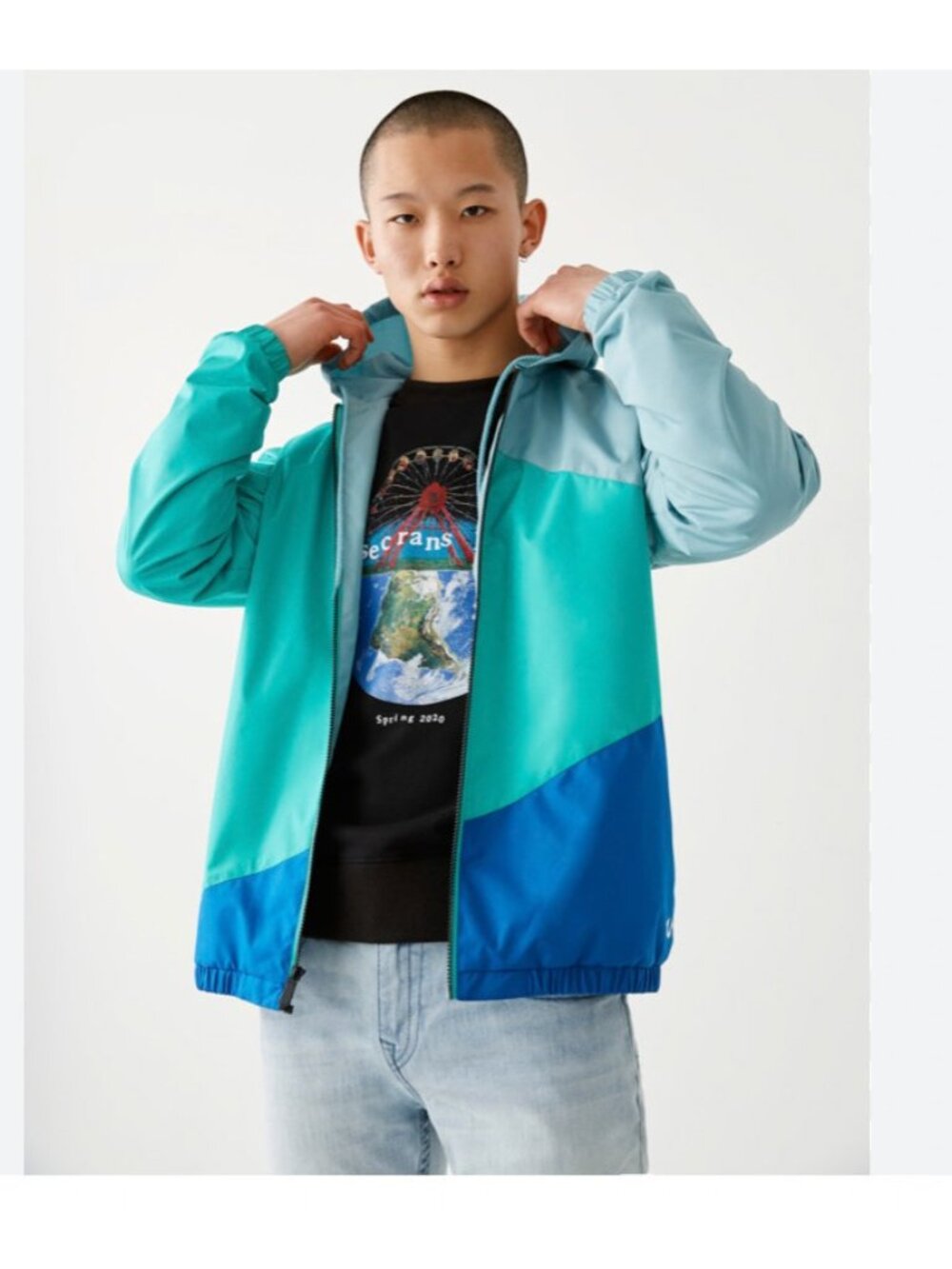 True Religion Windbreaker Jacket Mens M Teal Blue Green Full Zip Hooded